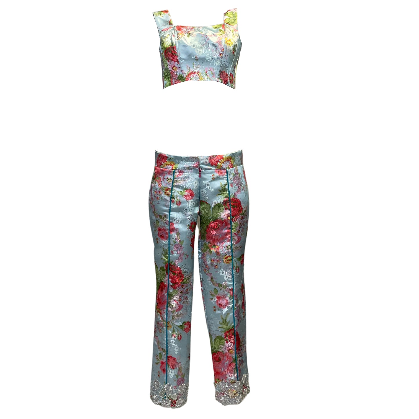 JACQUARD SUITE EMBROIDERED CORSET TOP AND PANTS